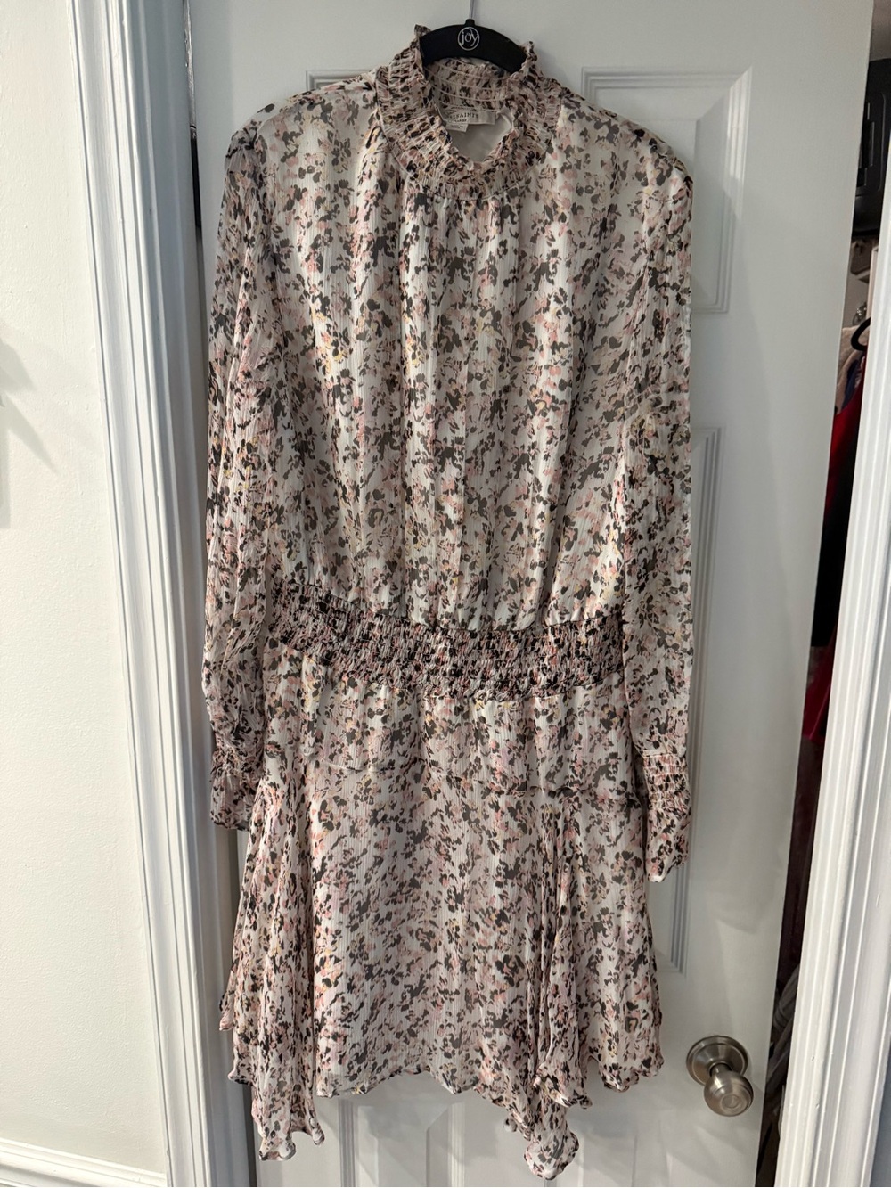 All Saints Floral Smocked Waist Long Sleeve Dress - Cream Pink and Gray print